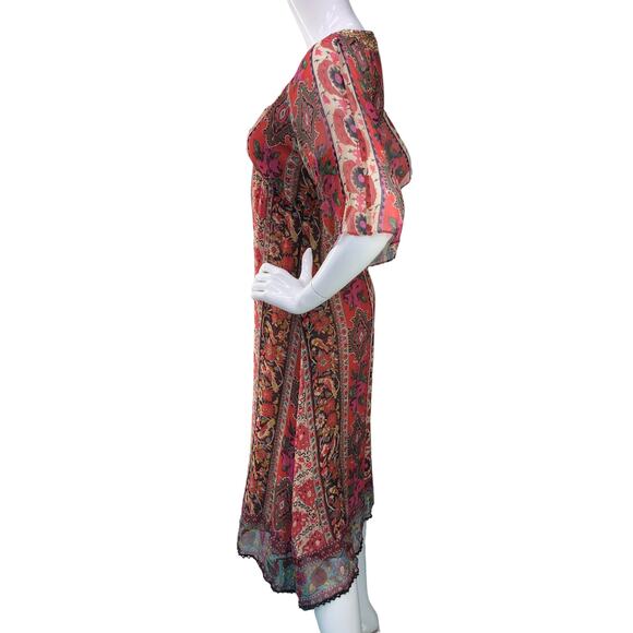 New Look Womens Size UK 12 US 8 Kaftan Midi Dress Half Sleeve Paisley Silk Red - Picture 5 of 15
